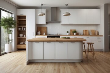 Interior home of modern kitchen with countertop and furniture on white wall, hardwood floor