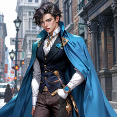 Fototapeta premium Time Traveler, A character with the ability to travel through different eras, wearing a mix of historical and futuristic fashion