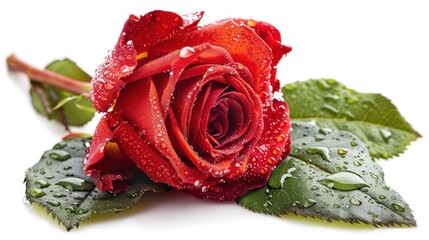 red rose with water drops isolated on a white background 
