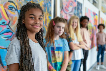 Diverse group of teens presenting their art pieces in a gallery
