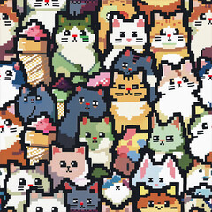 Fototapeta premium Colorful Pixel Art Pattern of Cats and Ice Cream Cones