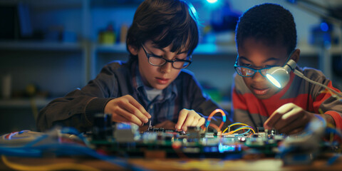 Multiracial boys soldering electronics in workshop