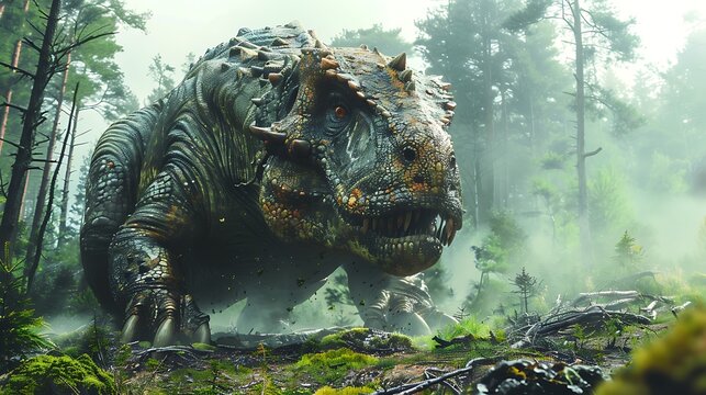 Panoplosaurus defending itself a predator in a dense forest