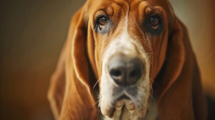basset hound dog portrait wallpaper with good expression and blurred neutral background
