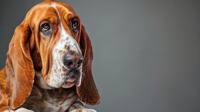 basset hound dog portrait wallpaper with good expression and blurred neutral background
