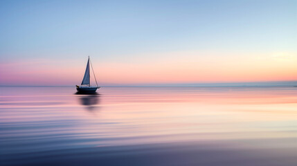 A sailboat is floating on a calm body of water. The sky is a mix of pink and blue, creating a serene and peaceful atmosphere. The boat is the main focus of the image