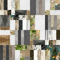 Beautiful patchwork mosaic made of several natural marbles and stones. Retro backdrop.