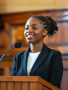 A law student presenting a case in moot court with confidence. stock photo 