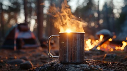 Metal cup of steaming coffee close-up, with the glow of a campfire behind, capturing the essence of a tranquil camping scene