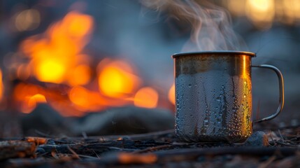 Metal cup of steaming coffee close-up, with the glow of a campfire behind, capturing the essence of a tranquil camping scene
