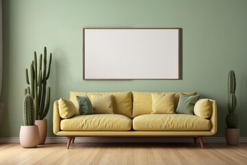 Interior home of living room with blank frame poster mock up on yellow sofa and cactus plant on green wall copy space
