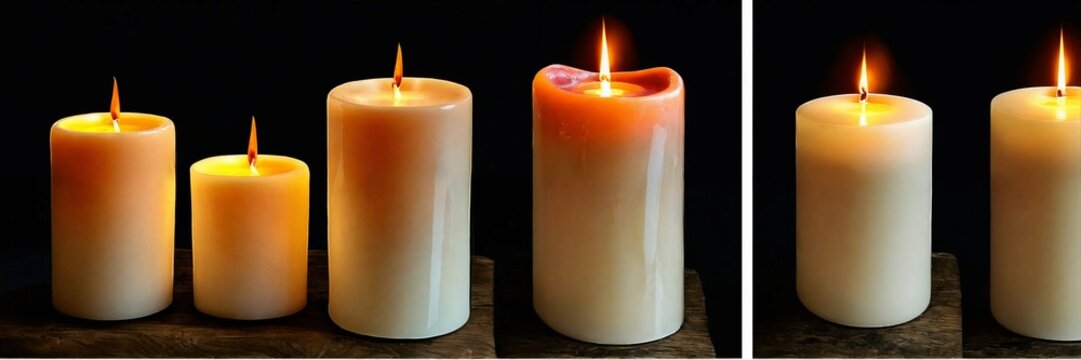 Set of pillar candles with flames illuminated