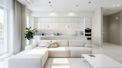 Modern kitchen and modern living room in white interior design