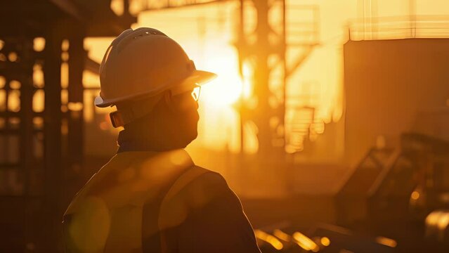 A foreman directing and overseeing the workers his hard hat shining in the soft morning light.
