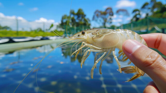 farmer holding white vannamei prawn with his hand, modern shrimp farming pond environment