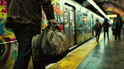 Obraz premium A vivid close-up shot of a commuter's hand holding onto the handle of a rolling bag in a crowded subway station, with the blur of movement and colorful graffiti in the background