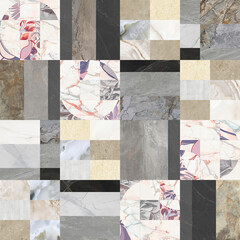 Beautiful patchwork mosaic made of several natural marbles and stones. Retro backdrop.