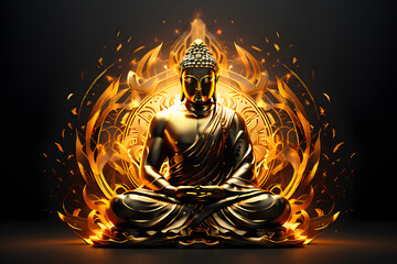 Burning fire Golden Buddha illustration. Burning buddha wallpaper background