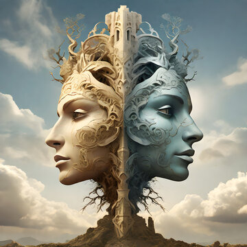 Janus, the two faces Roman anscient God. Janus woman version wallpaper illustration concept with their faces turned away from each other