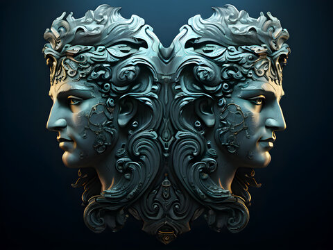 Janus, the two faces Roman anscient God. Janus wallpaper illustration concept with their faces turned away from each other