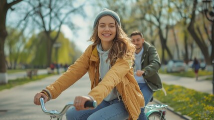 Happy couple riding a bicycle in the park