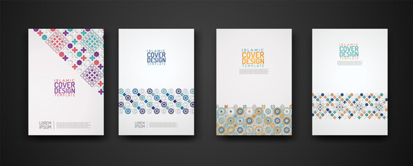 Fototapeta premium Set islamic cover design template with colorful detail and texture of floral mosaic islamic art ornament.