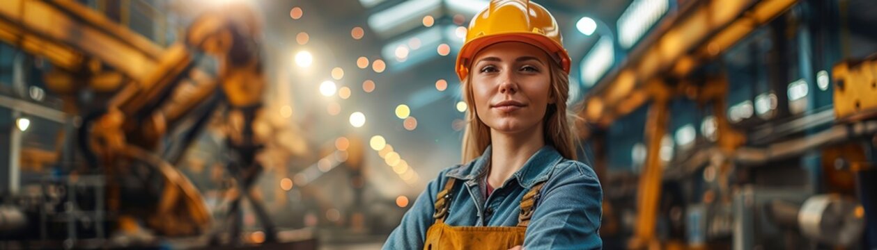A female worker in a factory, wearing a hard hat, looking at the camera.