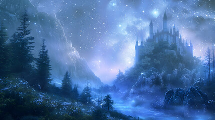 Obraz premium An ethereal landscape with a towering, ancient castle shrouded in mist, surrounded by a dense, dark forest illuminated by the soft glow of moonlight