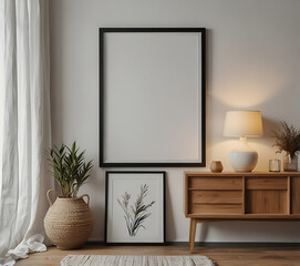 Portrait picture frame mockup in white minimalistic interior. empty frame mockup. Copy space
