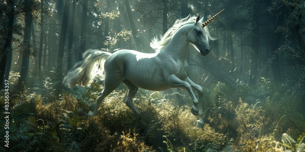 Wall mural unicorn running through a forest with a bright light. fantasy and magic concept. - Wall murals