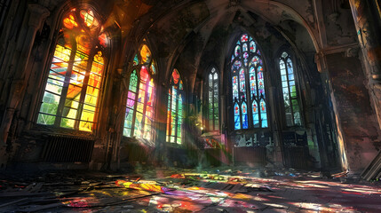 Fototapeta premium A desolate, crumbling cathedral with stained glass windows casting eerie colored light on the cracked stone floor, and shadows of mythical creatures dancing on the walls