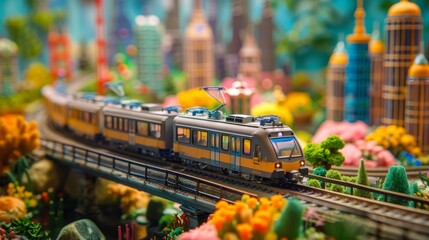 Close up, a model train made of plasticine travels through a bustling clay city with skyscrapers, parks, and tiny plasticine people