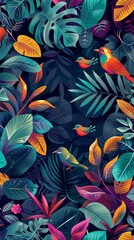 Seamless pattern with birds. Lovely, pretty pattern of parrots and flowers, leaves. For fabric, silk, printing.