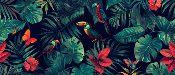 Seamless pattern with birds. Lovely, pretty pattern of parrots and flowers, leaves. For fabric, silk, printing.