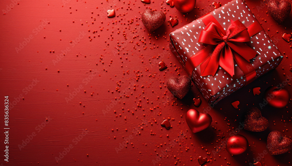 Aufkleber red gift box with ribbon and bow on a red background extreme closeup. generative ai