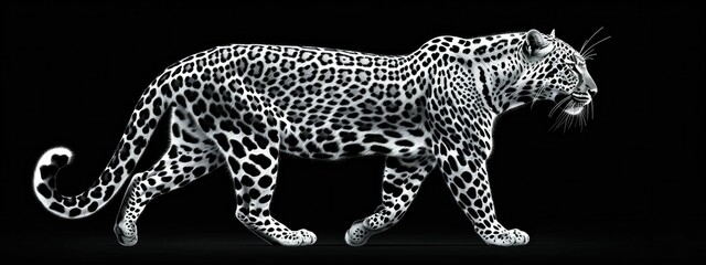 Fototapeta premium Wild beauty majestic leopard roaming in the darkness on a black background with a striking white spot