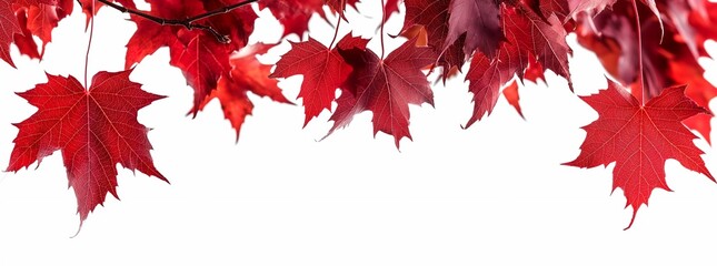 A closeup of vibrant red maple leaves, hanging from branches against the bright white background with margins. freshness and vitality nature. generative AI