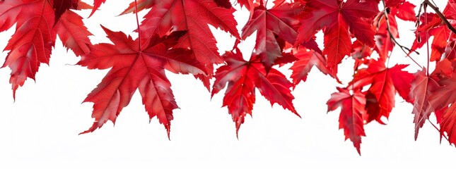 A closeup of vibrant red maple leaves, hanging from branches against the bright white background with margins. freshness and vitality nature. generative AI