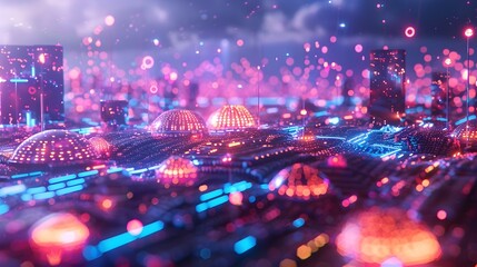 Surreal Futuristic Landscape with Glowing Orbs and Vibrant Architectural Structures in a Dreamlike Cosmic Environment