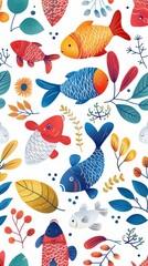 Seamless pattern with fish. Lovely, pretty pattern of fish and flowers, leaves. for fabric, silk, printing.