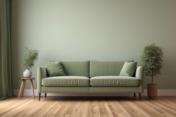 Interior home of living room with green sofa and plants on empty green wall, hardwood floor