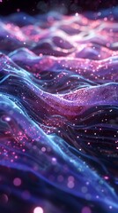 Mesmerizing Cosmic Landscape with Flowing Iridescent Waves and Glowing Celestial Particles
