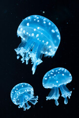 Papuan jellyfish swimming in a dark background.
