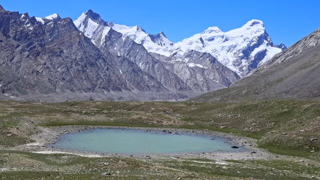 Serene Mountain Lake, surrounded by SnowCapped Peaks, Drang Drung Glacier, Zanskar