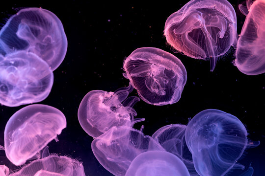 close up of glowing moon jellyfish floating on a black background.