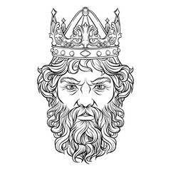 black and white illustration of a king with a crown