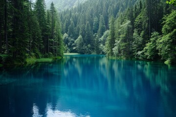 Serene lake surrounded by trees with mist. Nature photography.