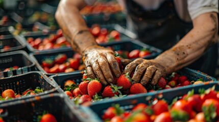 Close-up of hands packing strawberries into crates, ready for distribution, natural light