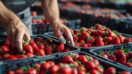 Close-up of hands packing strawberries into crates, ready for distribution, natural light