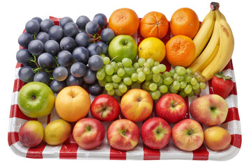 A tray of assorted fruits including apples, oranges, bananas, and grapes